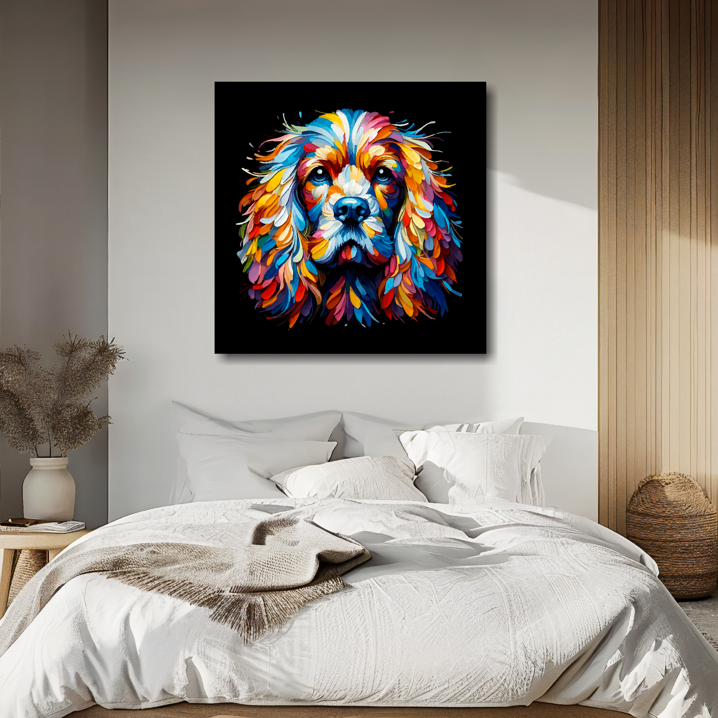 English Cocker Spaniel portrait canvas above bed - colourful dog wall decor for UK bedrooms