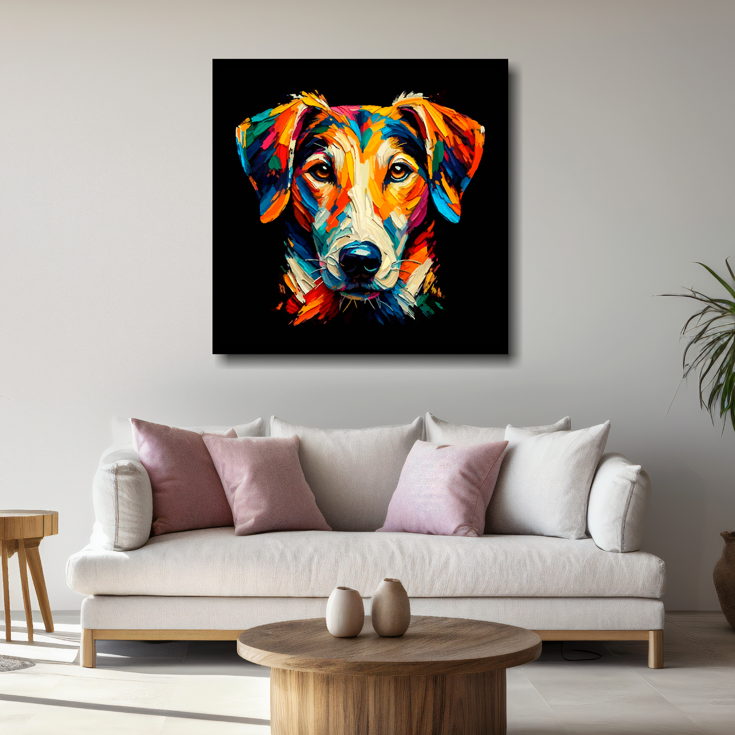 Large English Foxhound canvas above white sofa - vibrant abstract dog portrait wall art UK