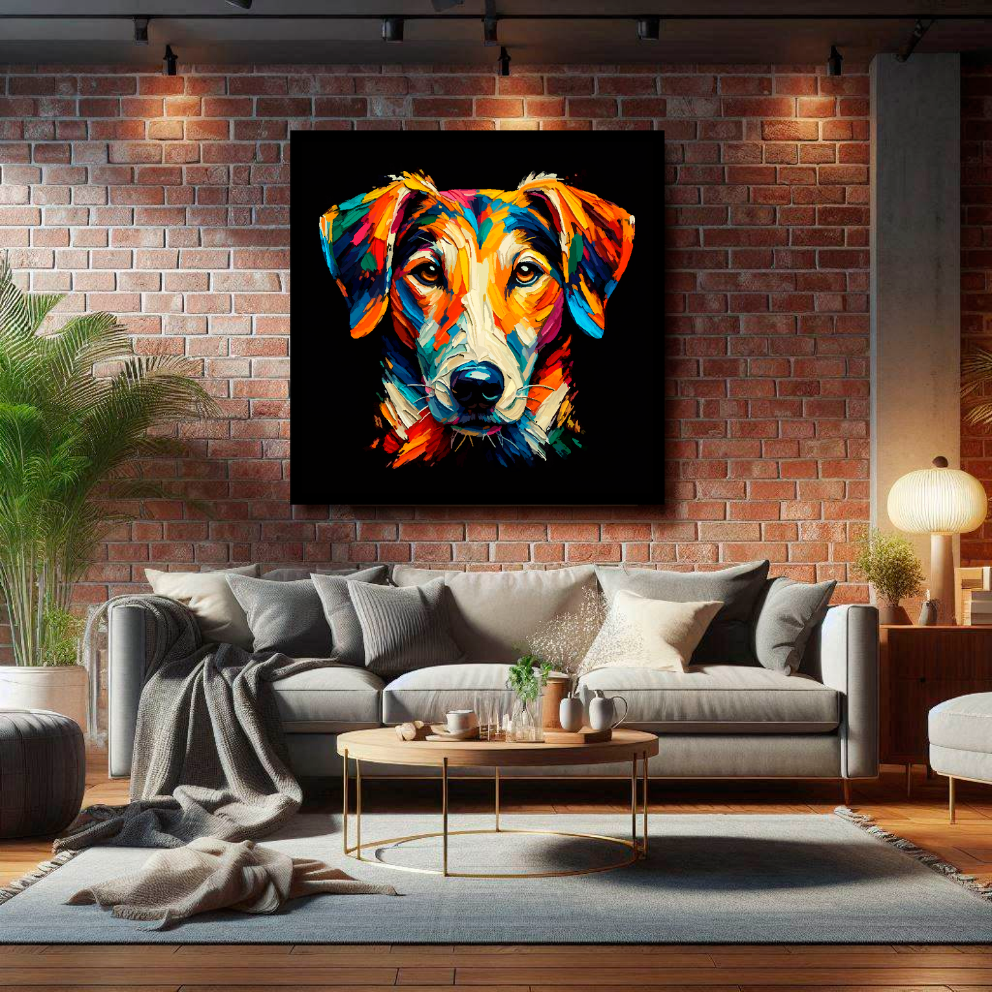 Large English Foxhound canvas on brick wall above grey sofa - bold dog portrait UK living room