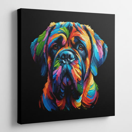 Colourful English Mastiff dog portrait canvas print - UK made abstract pet wall art black background