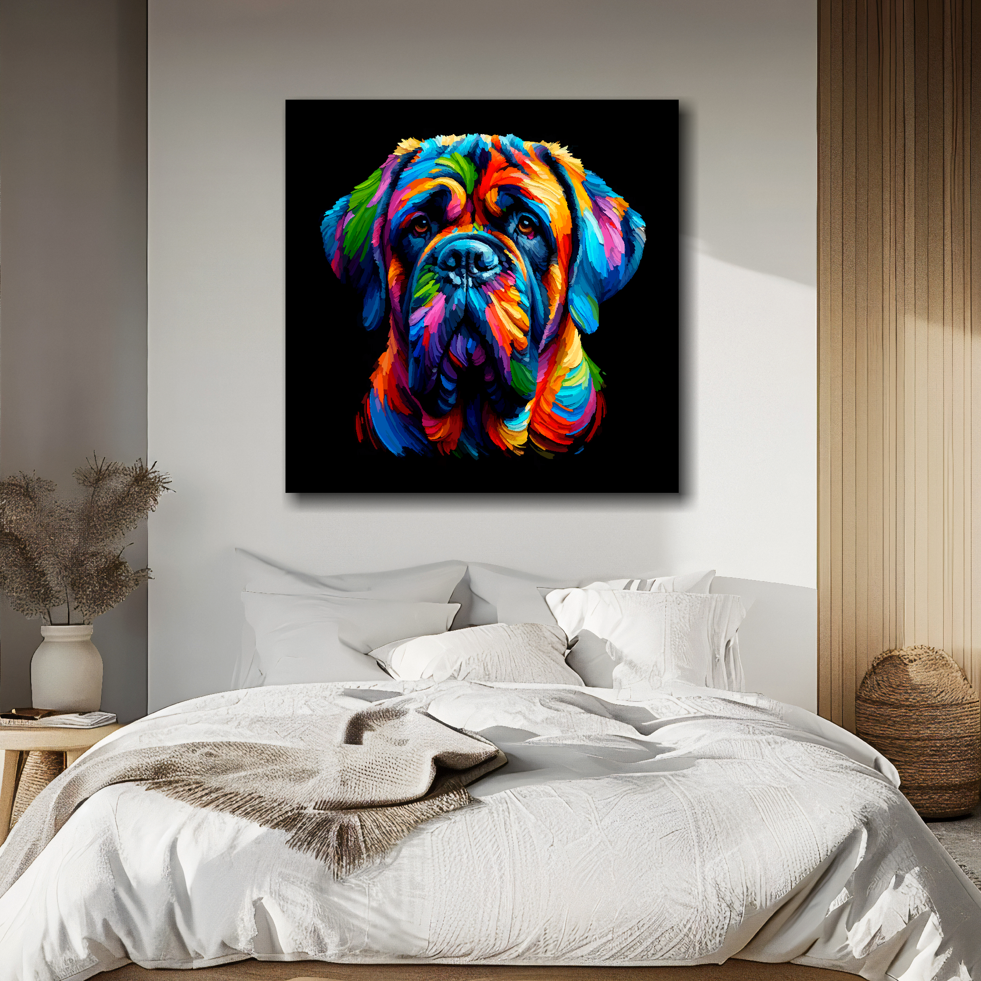 English Mastiff portrait canvas above bed - colourful dog wall decor for UK bedrooms