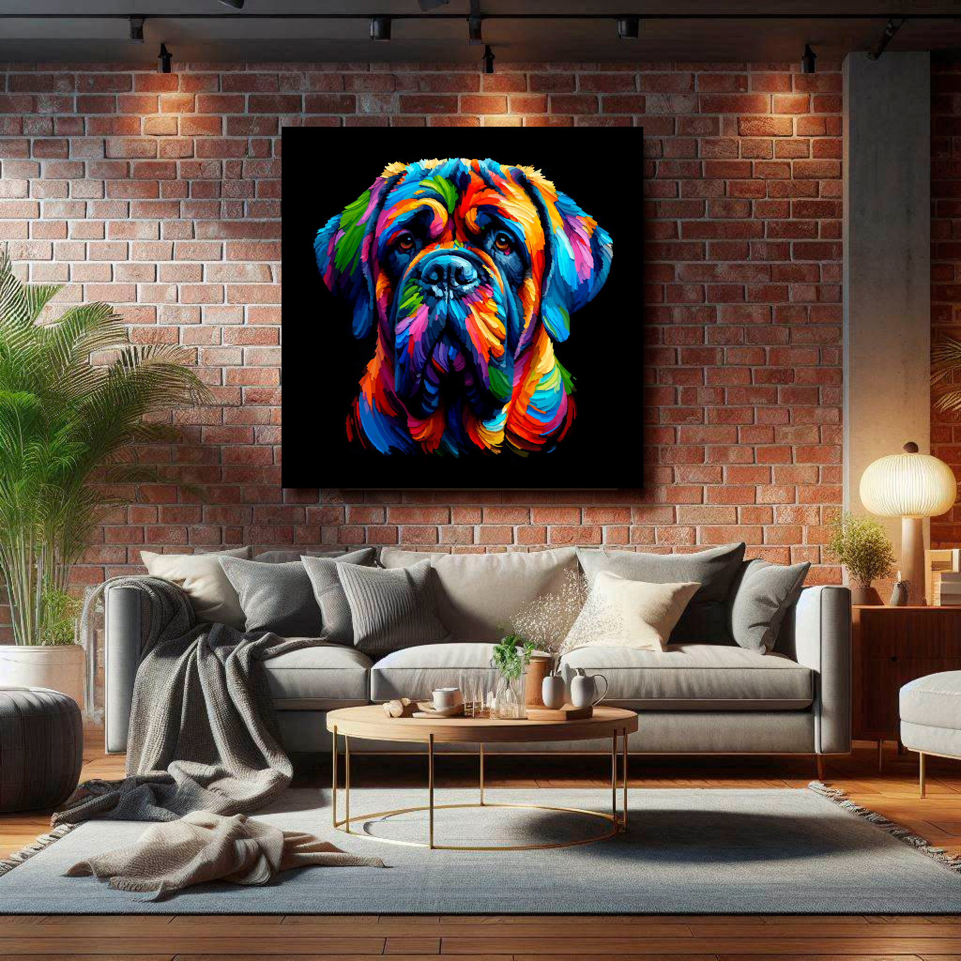 Large English Mastiff canvas on brick wall above grey sofa - bold dog portrait UK living room