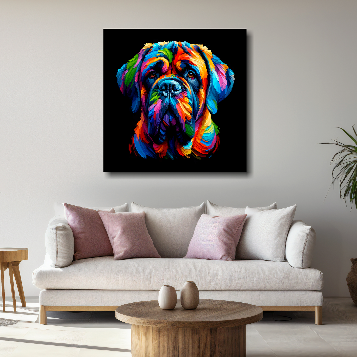 Large English Mastiff canvas above white sofa - vibrant abstract dog portrait wall art UK