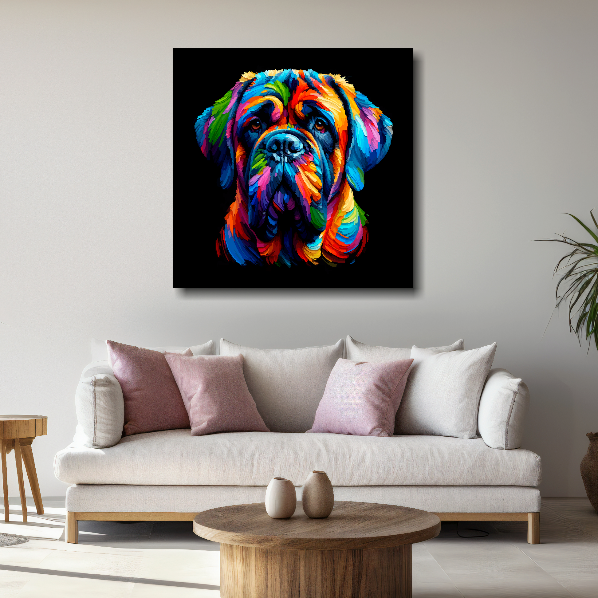 Large English Mastiff canvas above white sofa - vibrant abstract dog portrait wall art UK