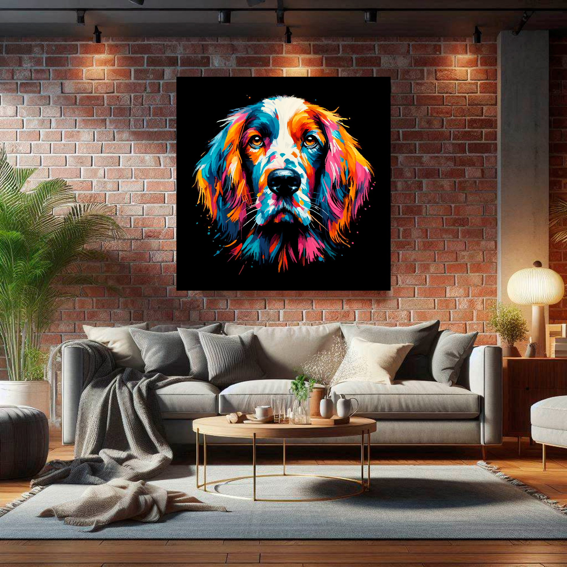 Large English Setter canvas on brick wall above grey sofa - bold dog portrait UK living room