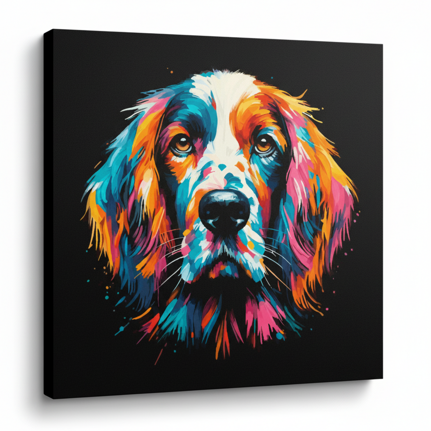 Colourful English Setter dog portrait canvas print - UK made abstract pet wall art black background