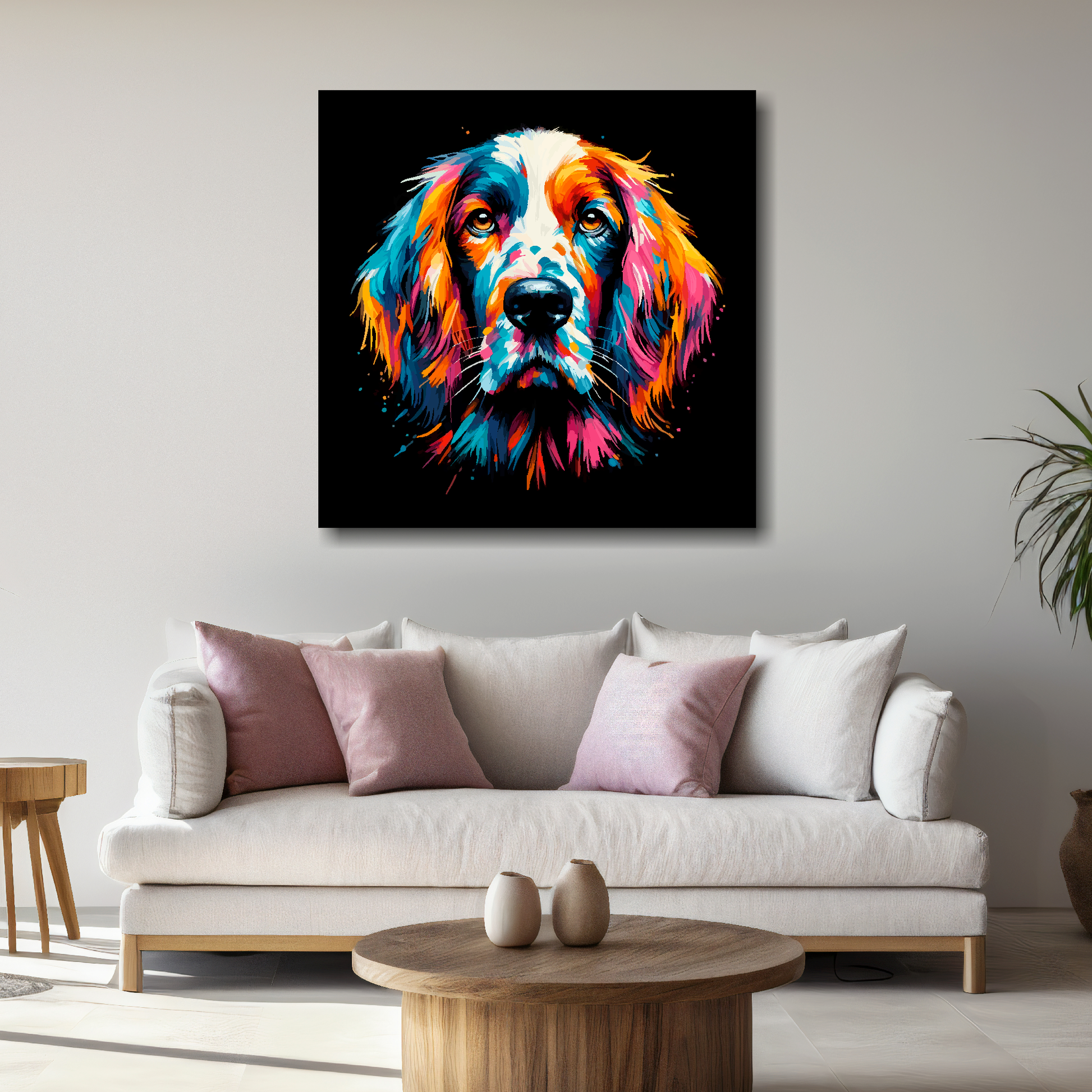 Large English Setter canvas above white sofa - vibrant abstract dog portrait wall art UK