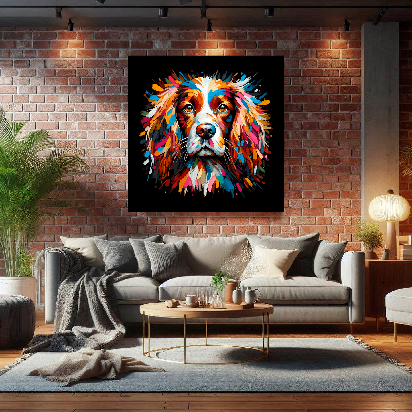 Large English Springer Spaniel canvas on brick wall above grey sofa - bold dog portrait UK living room