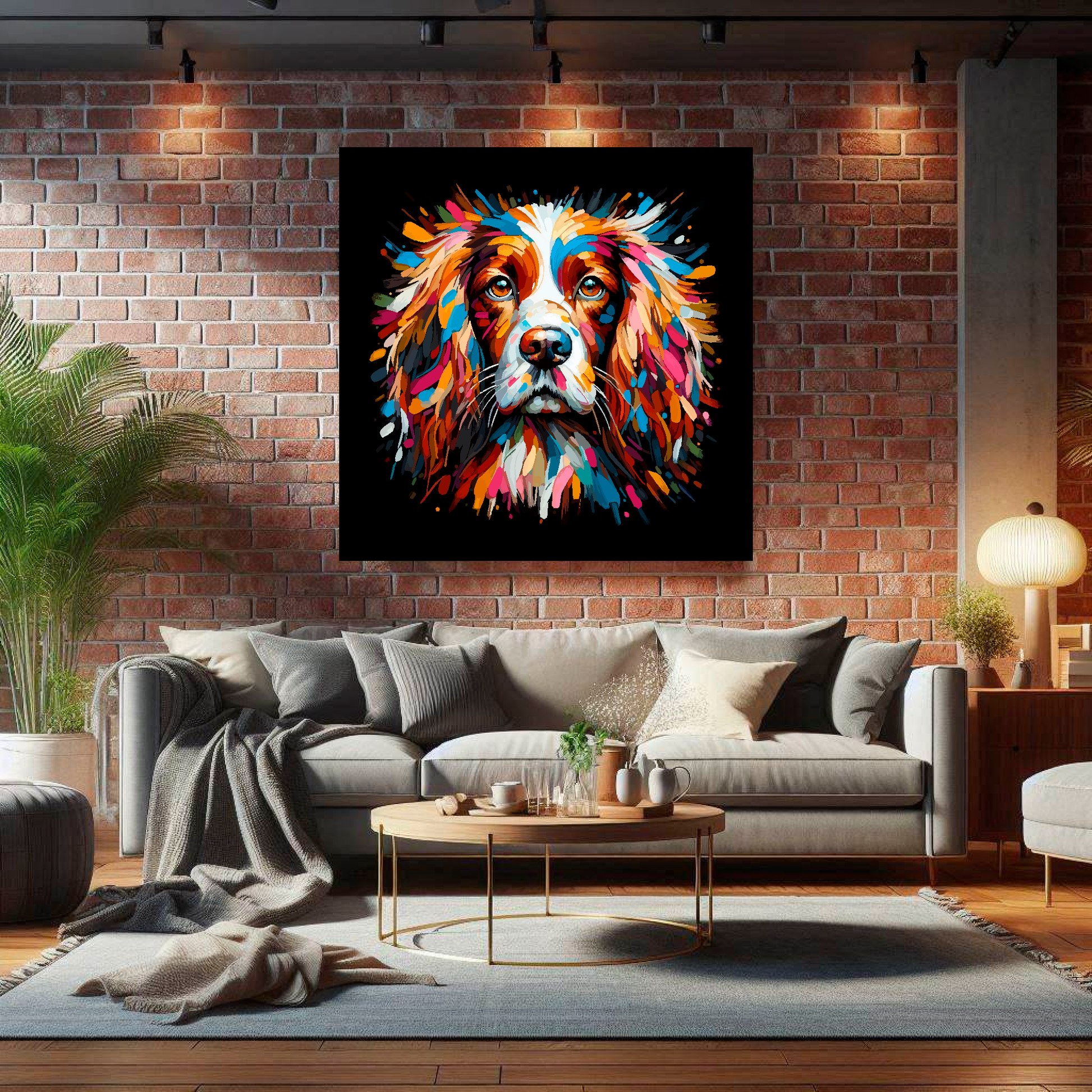 Large English Springer Spaniel canvas on brick wall above grey sofa - bold dog portrait UK living room