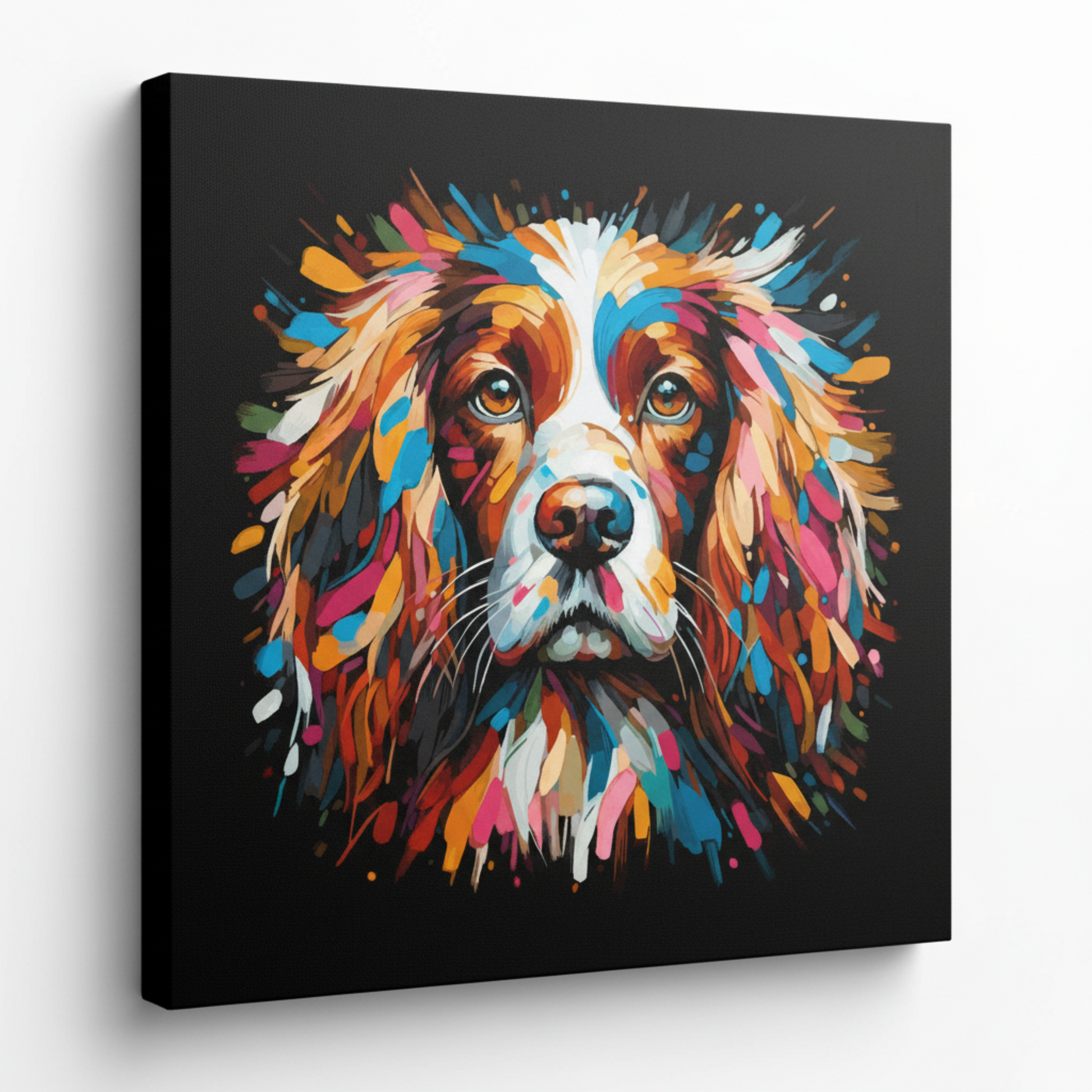 Colourful English Springer Spaniel dog portrait canvas print - UK made abstract pet wall art black background
