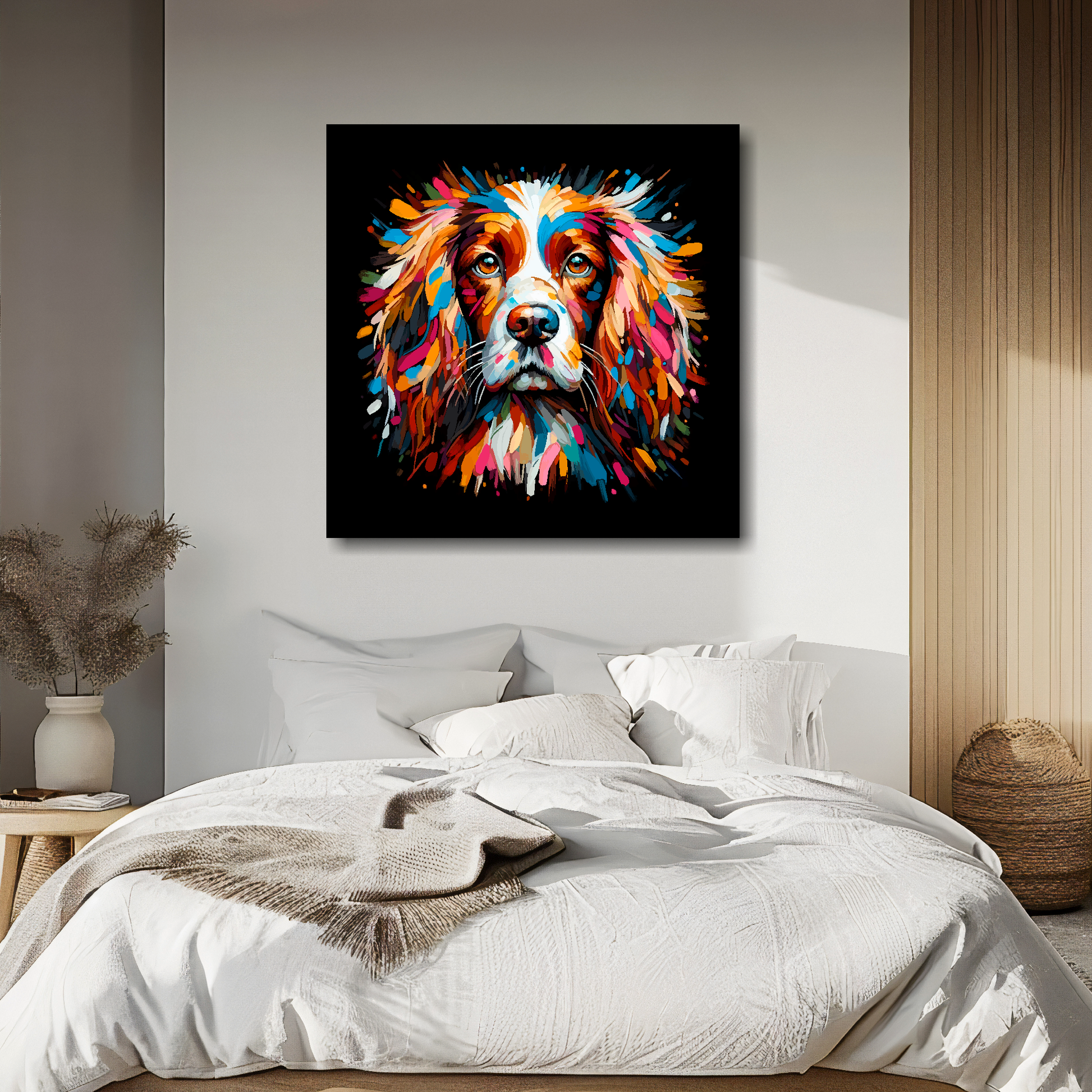 English Springer Spaniel portrait canvas above bed - colourful dog wall decor for UK bedrooms