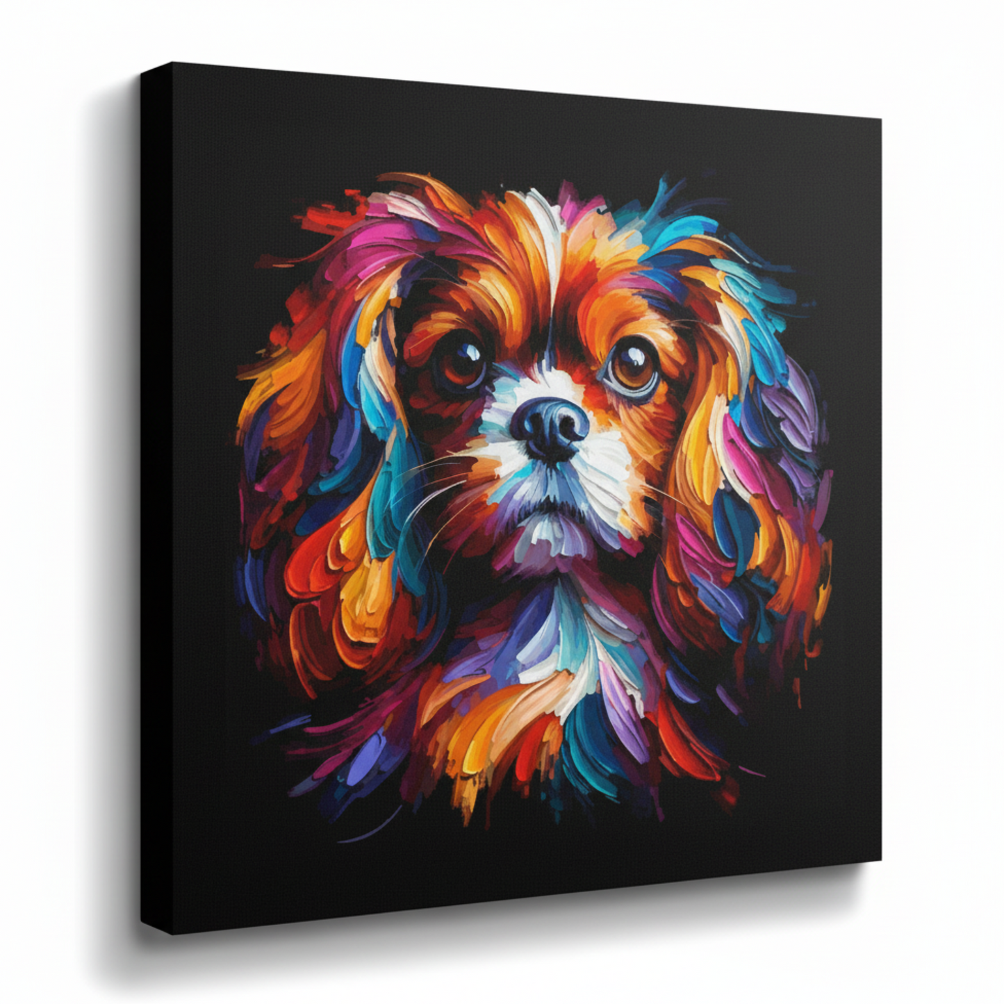 Colourful English Toy Spaniel dog portrait canvas print - UK made abstract pet wall art black background