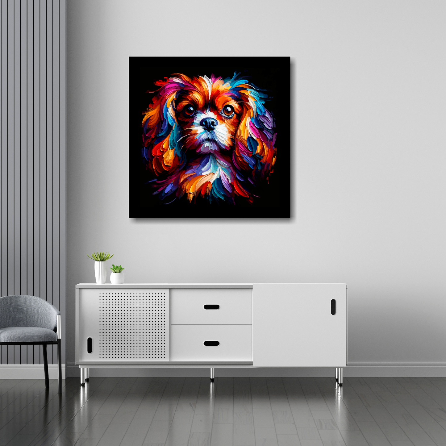 English Toy Spaniel canvas 30x30 inches above sideboard - large colourful dog portrait UK made