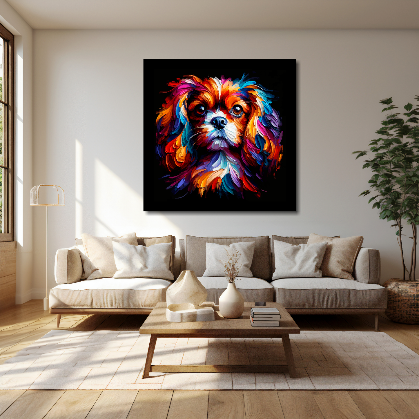 English Toy Spaniel canvas 40x40 inches above cream sofa - XL vibrant dog wall art UK