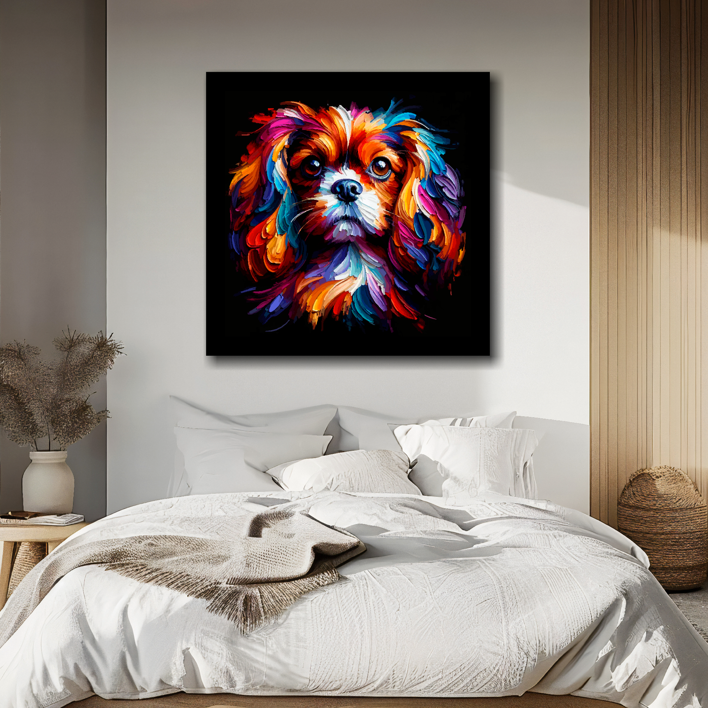 English Toy Spaniel portrait canvas above bed - colourful dog wall decor for UK bedrooms