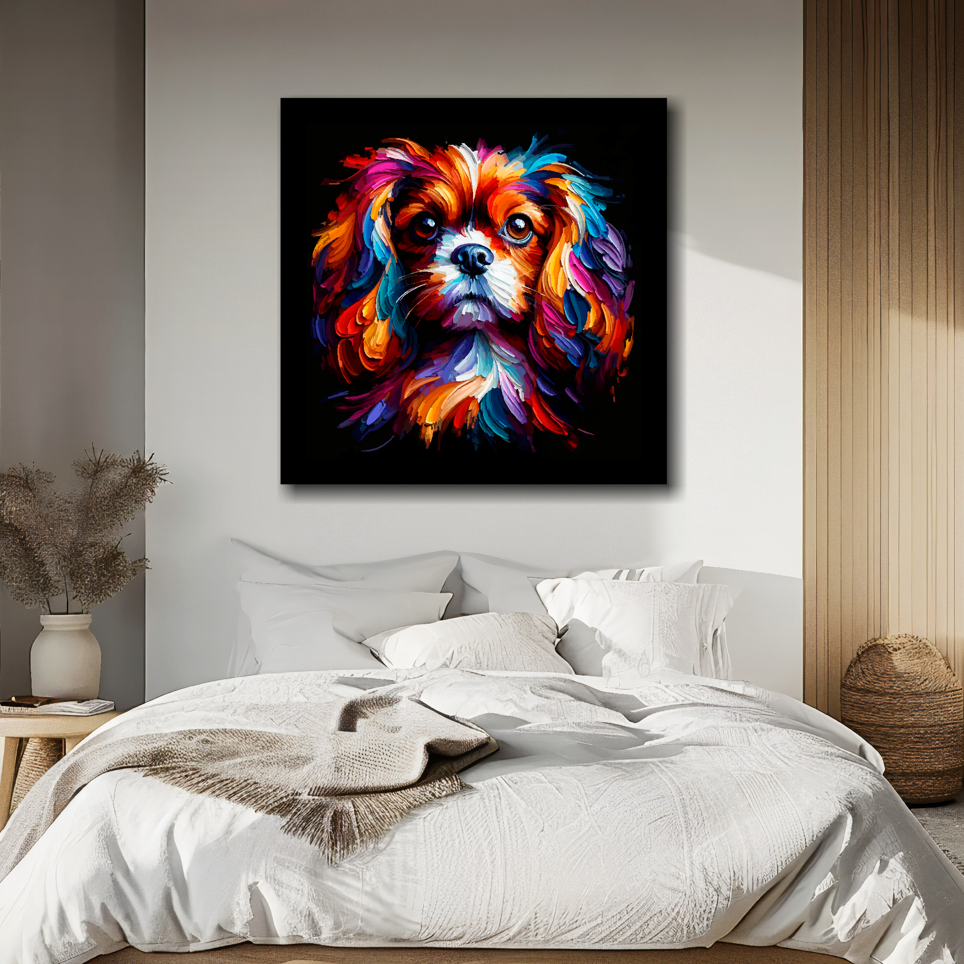English Toy Spaniel portrait canvas above bed - colourful dog wall decor for UK bedrooms