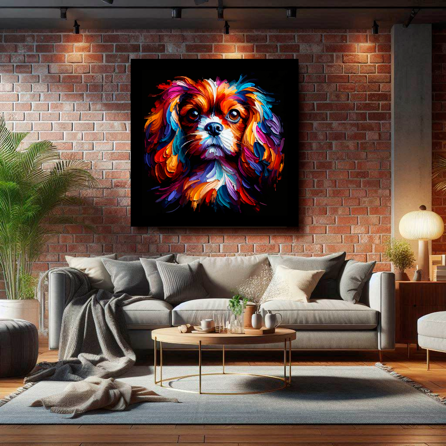Large English Toy Spaniel canvas on brick wall above grey sofa - bold dog portrait UK living room