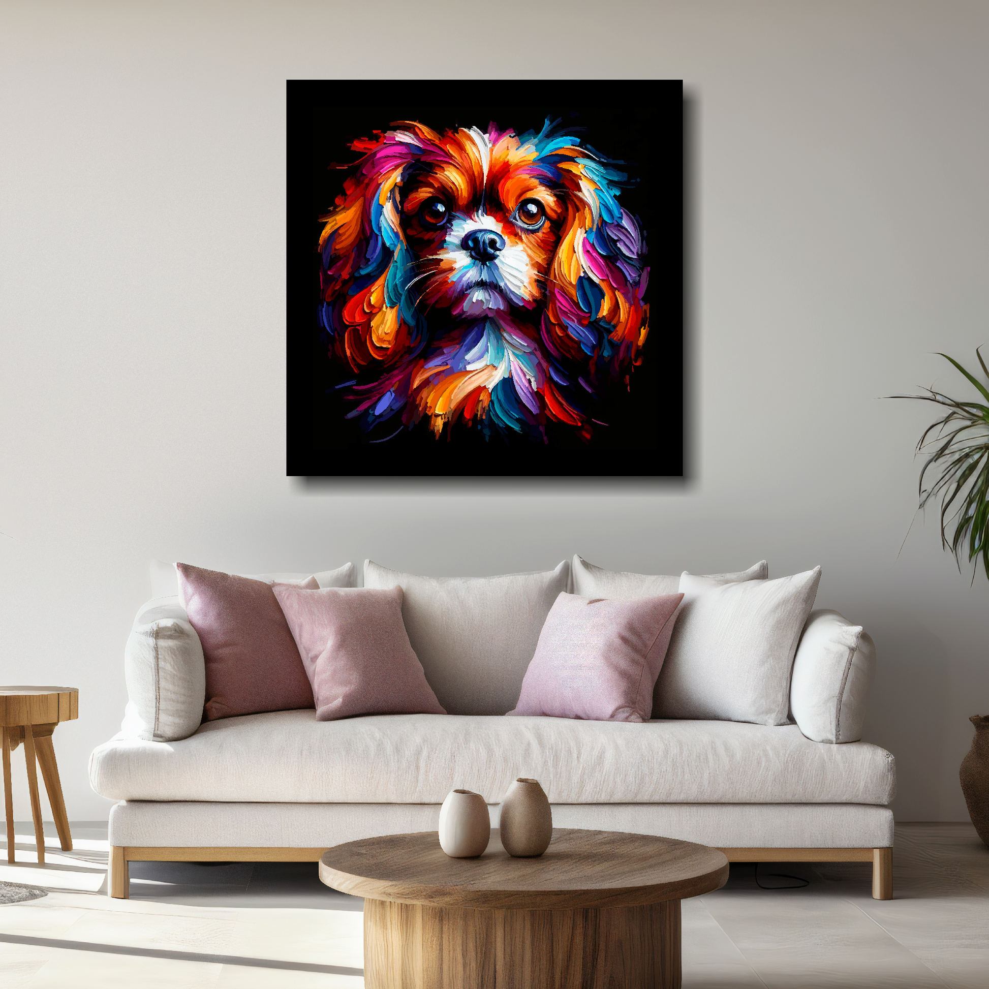 Large English Toy Spaniel canvas above white sofa - vibrant abstract dog portrait wall art UK
