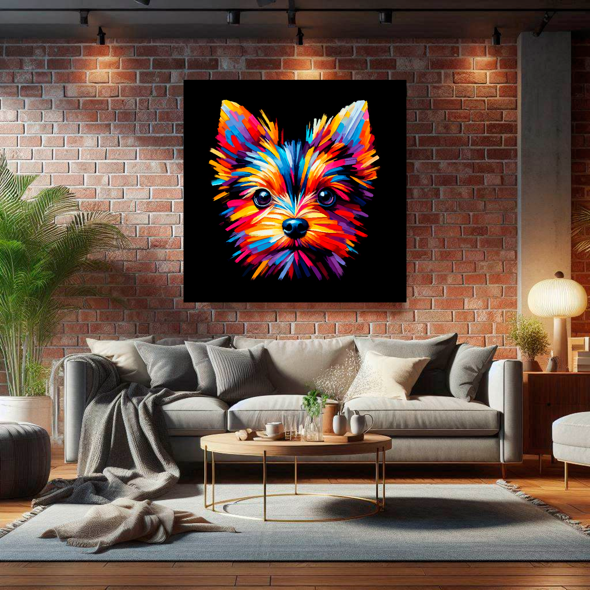 Large English Toy Terrier canvas on brick wall above grey sofa - bold dog portrait UK living room