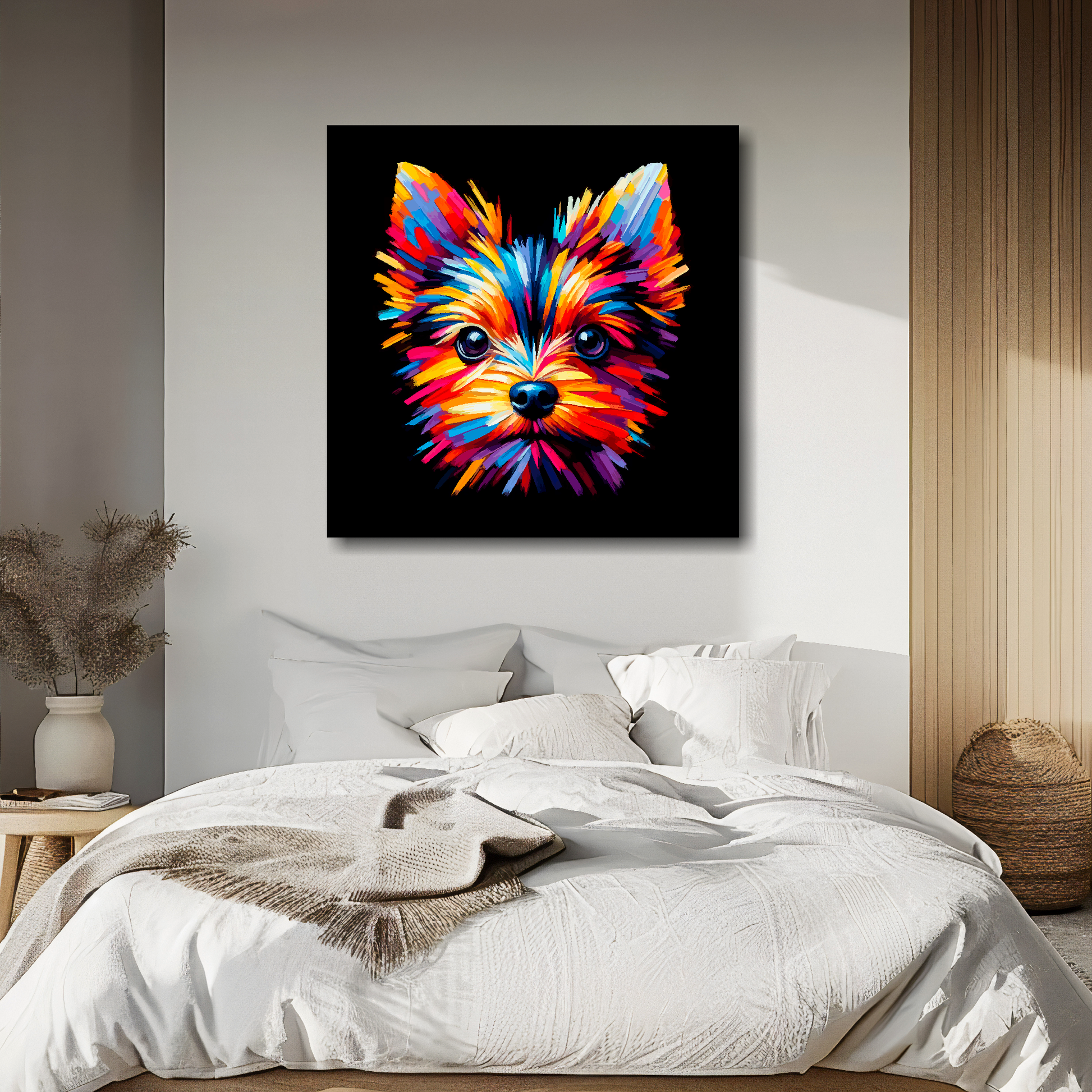 English Toy Terrier portrait canvas above bed - colourful dog wall decor for UK bedrooms