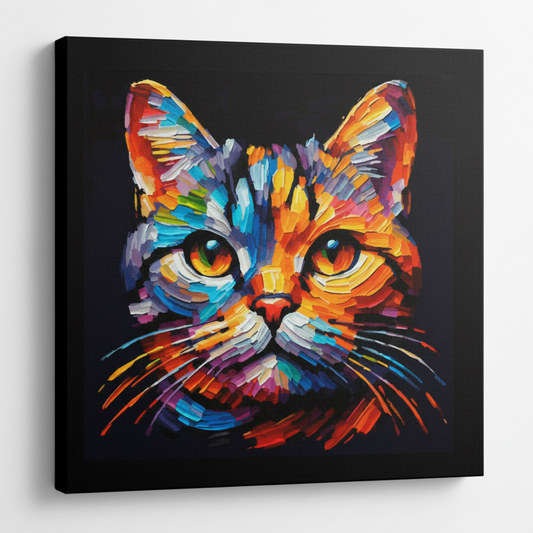 Colourful European Shorthair cat portrait canvas print - UK made abstract pet wall art black background