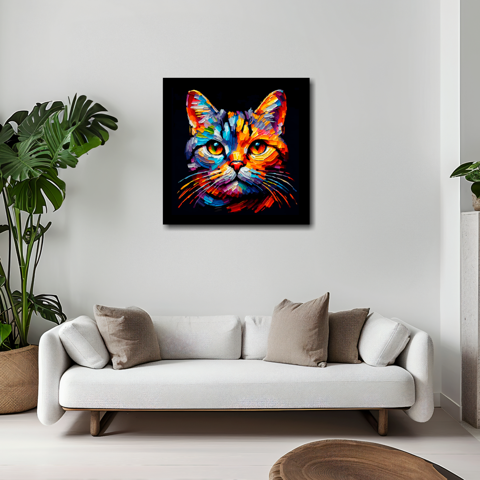 European Shorthair cat canvas 20x20 inches above white sofa - vibrant cat portrait wall art UK