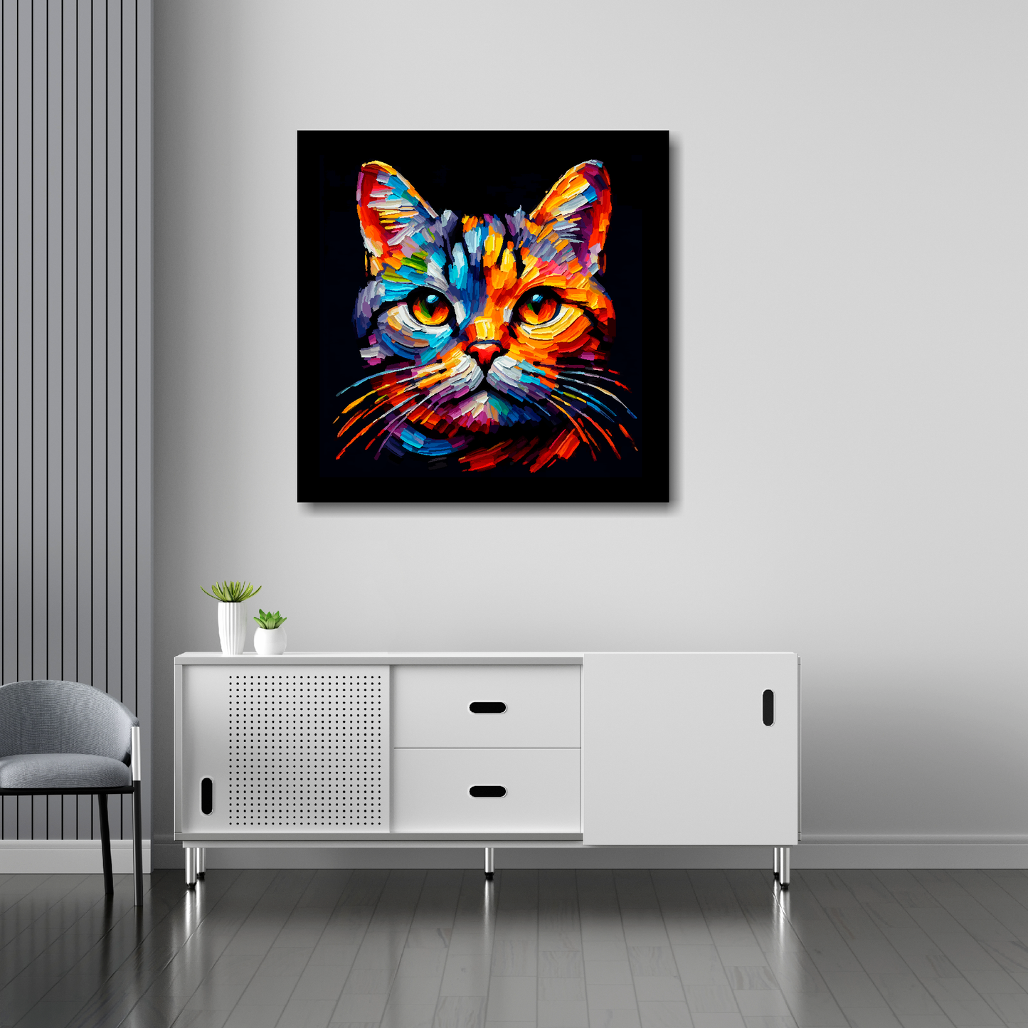 European Shorthair cat canvas 30x30 inches above sideboard - large colourful cat portrait UK made