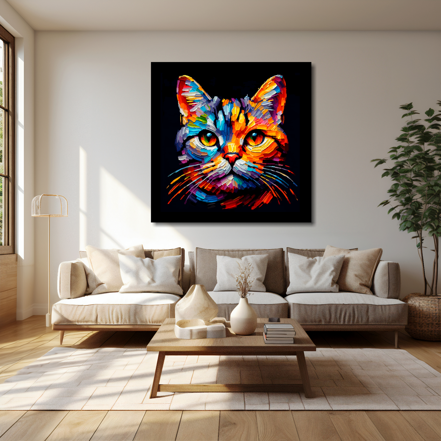 European Shorthair cat canvas 40x40 inches above cream sofa - XL vibrant cat wall art UK