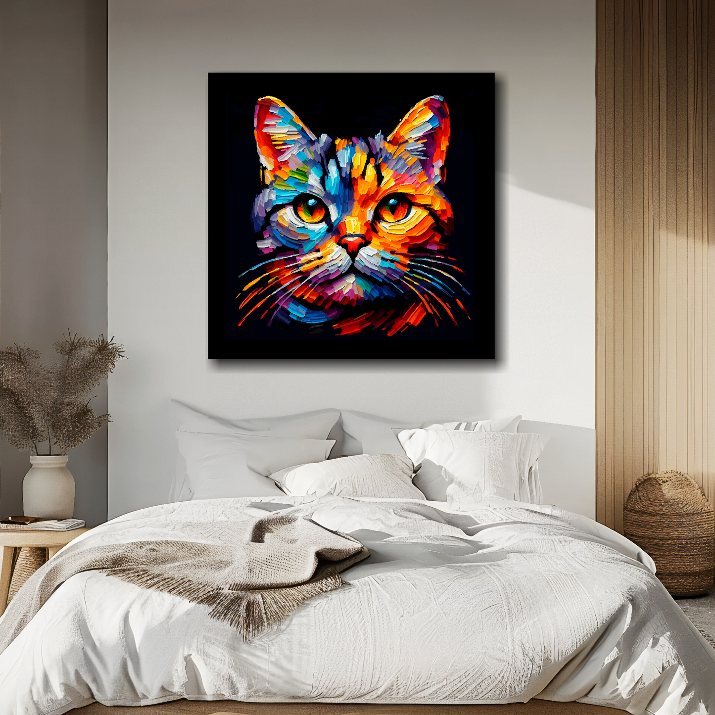 European Shorthair cat portrait canvas above bed - colourful cat wall decor for UK bedrooms