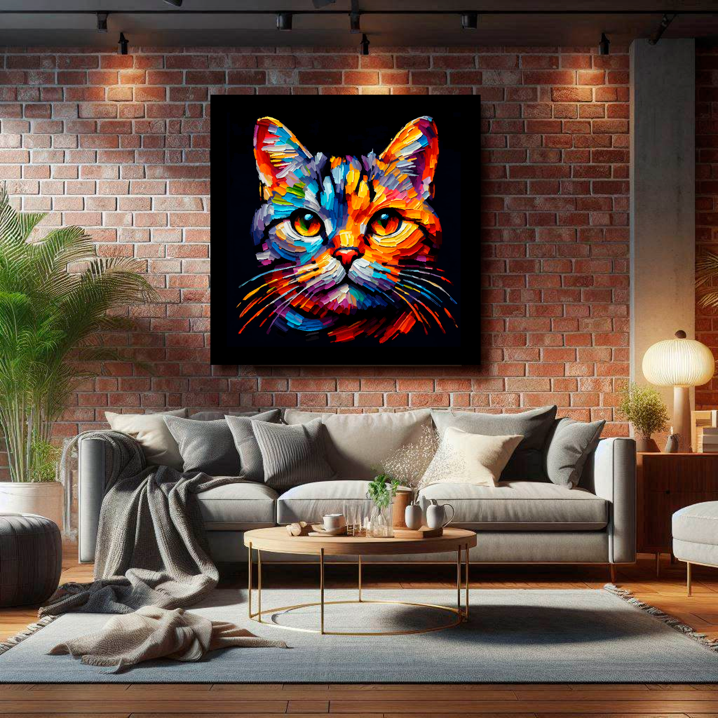 Large European Shorthair cat canvas on brick wall above grey sofa - bold cat portrait UK living room