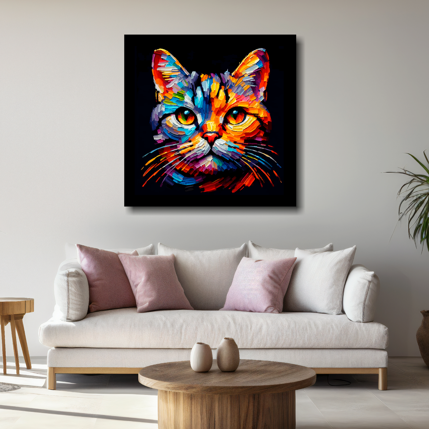 Large European Shorthair cat canvas above white sofa - vibrant abstract cat portrait wall art UK