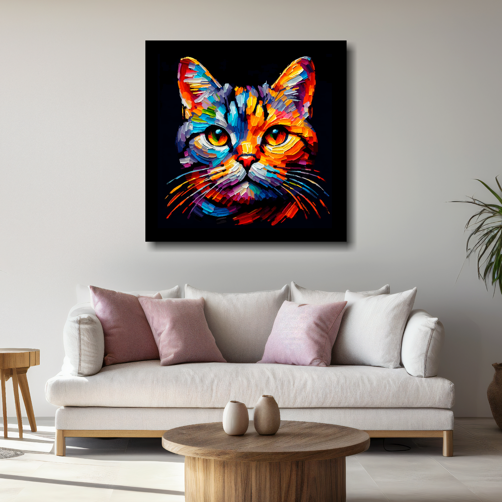 Large European Shorthair cat canvas above white sofa - vibrant abstract cat portrait wall art UK