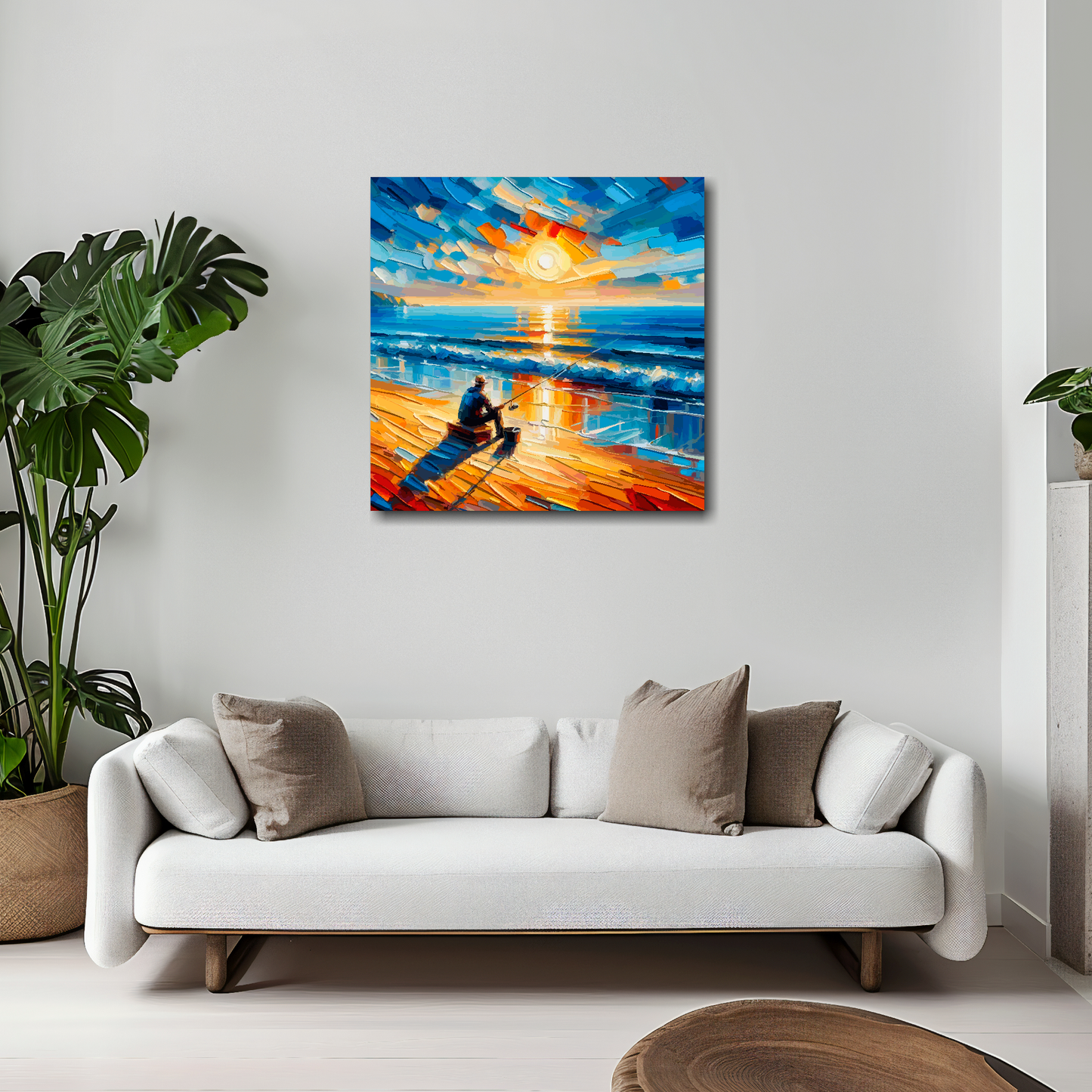 Evenings fishing canvas 20x20 inches above white sofa - vibrant leisure wall art UK