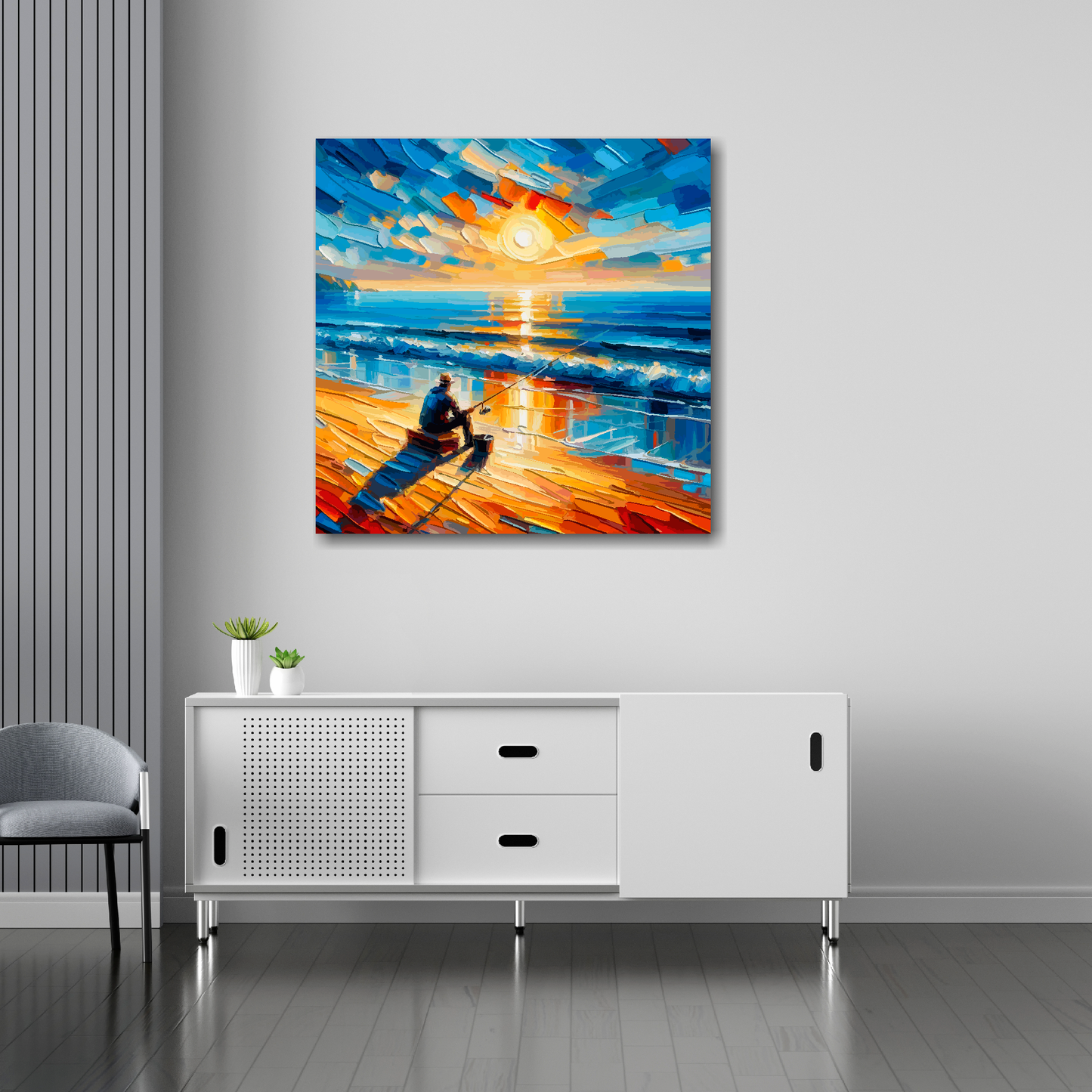 Evenings fishing canvas 30x30 inches above sideboard - large colourful leisure art UK made