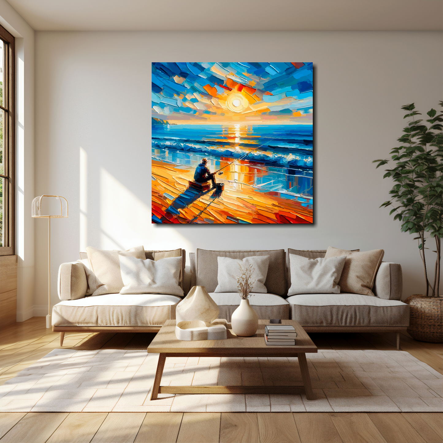 Evenings fishing canvas 40x40 inches above cream sofa - XL vibrant leisure wall art UK
