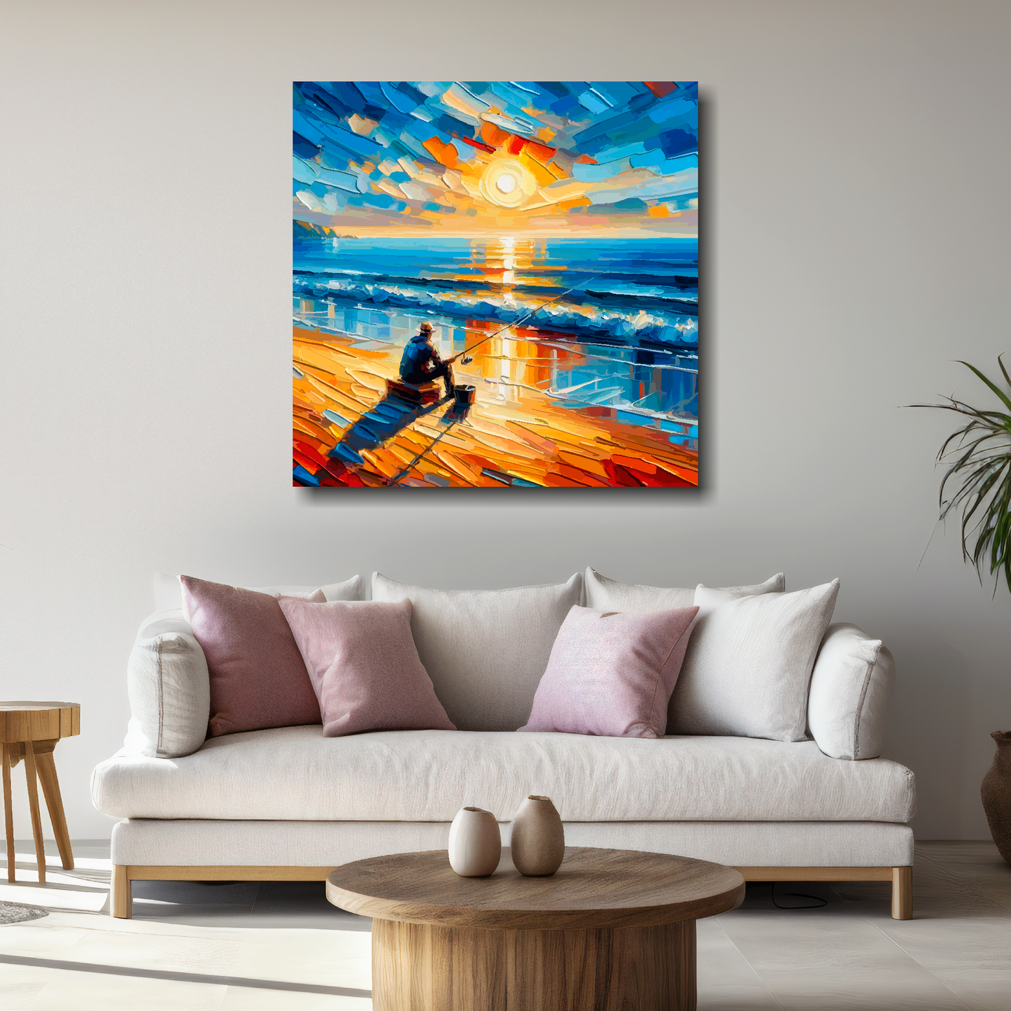 Large evenings fishing canvas above white sofa - vibrant abstract leisure wall art UK