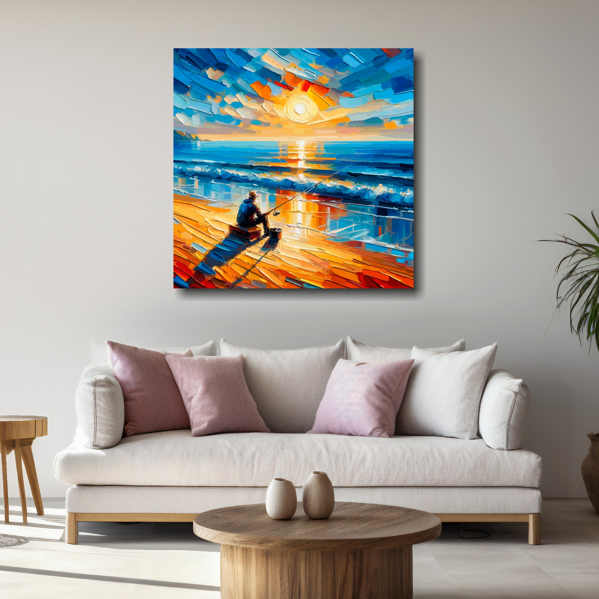 Large evenings fishing canvas above white sofa - vibrant abstract leisure wall art UK