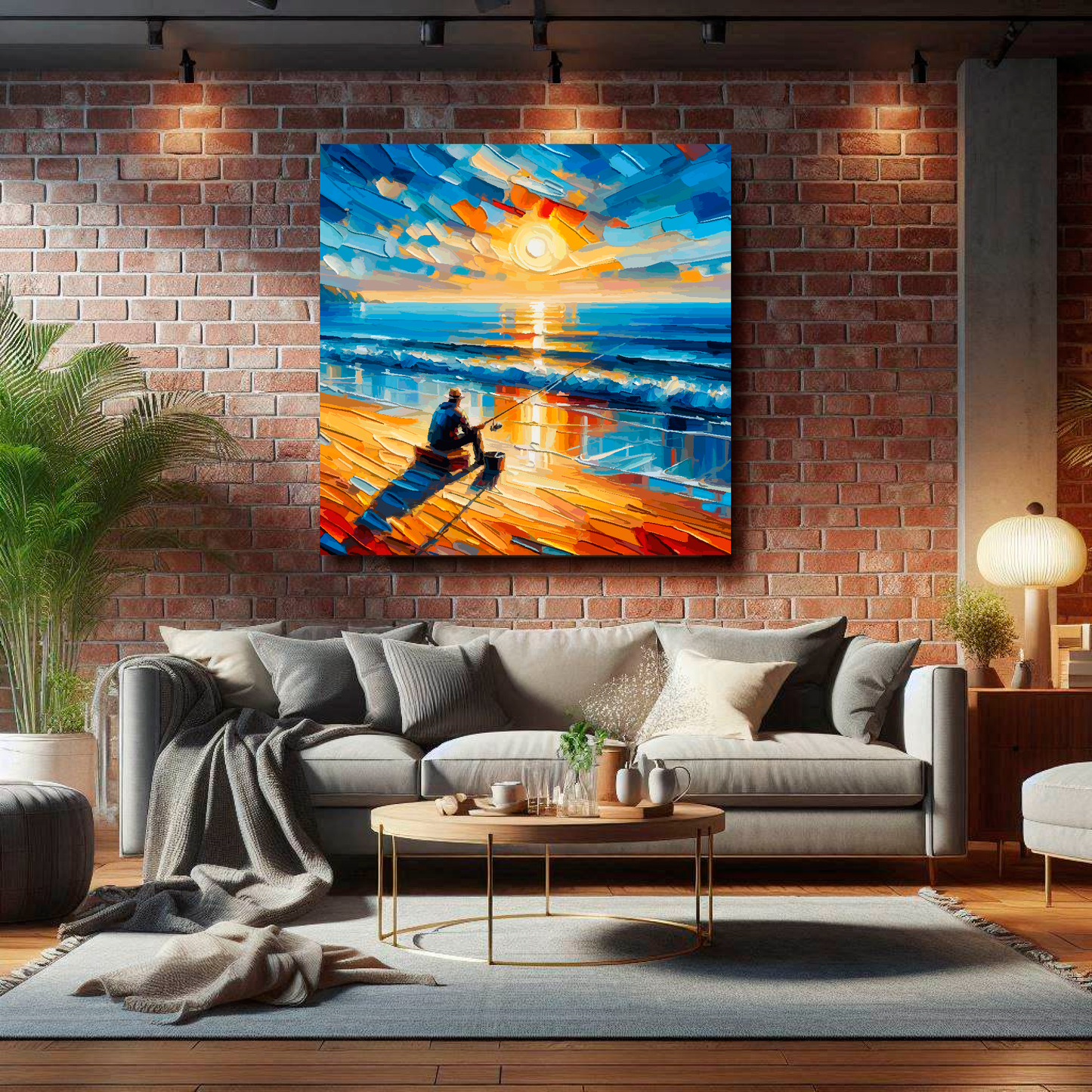 Large evenings fishing canvas on brick wall above grey sofa - bold leisure art UK living room
