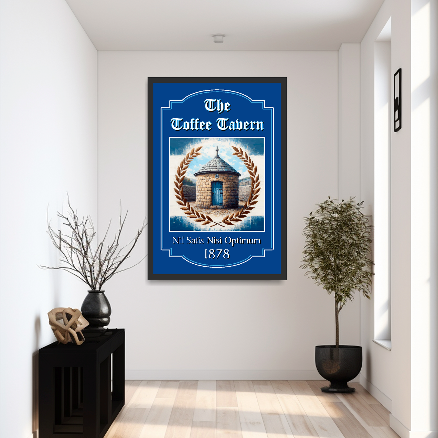 Everton FC large framed artwork of 'The Toffee Tavern' with illustration in a modern hallway setting