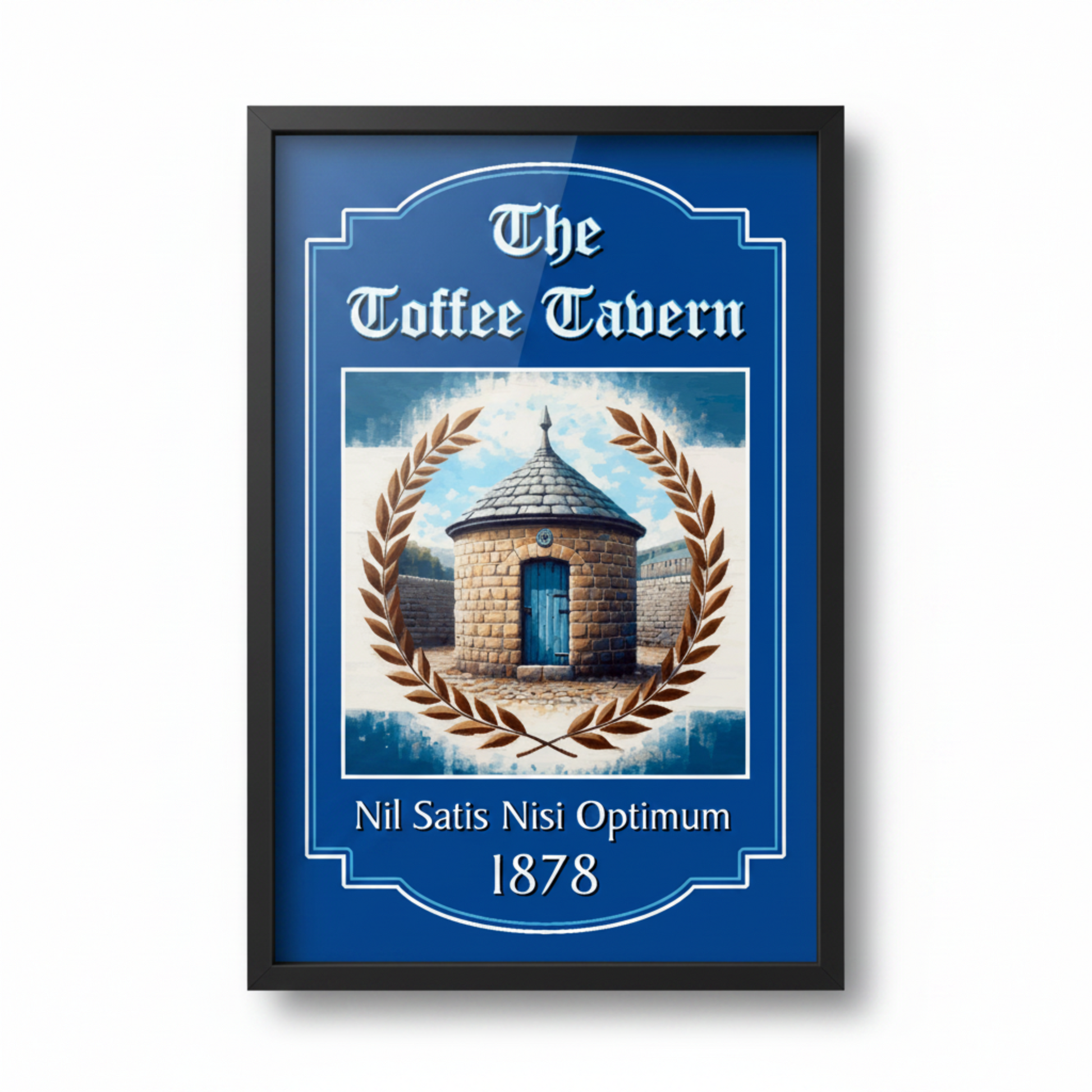 Framed artwork of 'The Toffee Tavern' with St. Ruperts Tower illustration and decorative elements on a blue background.
