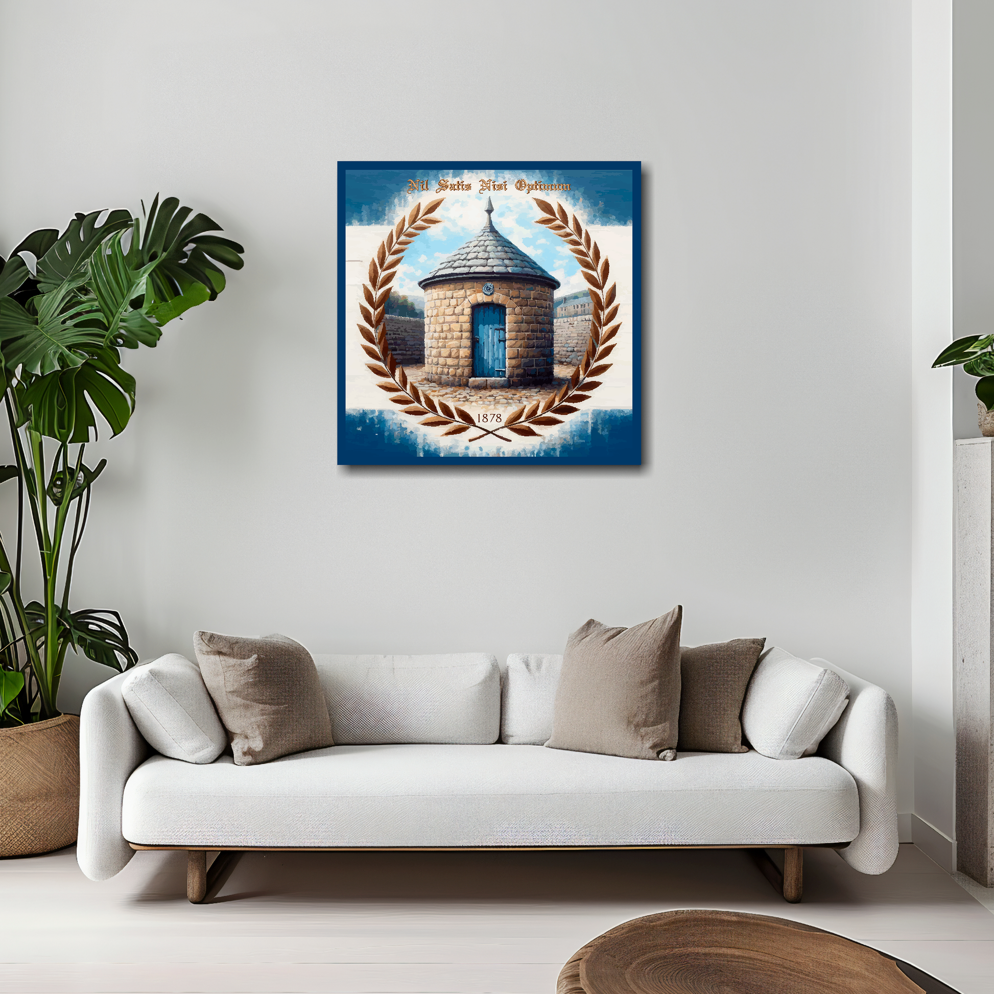 Everton inspired canvas 20x20 inches above white sofa - vibrant UK football wall art