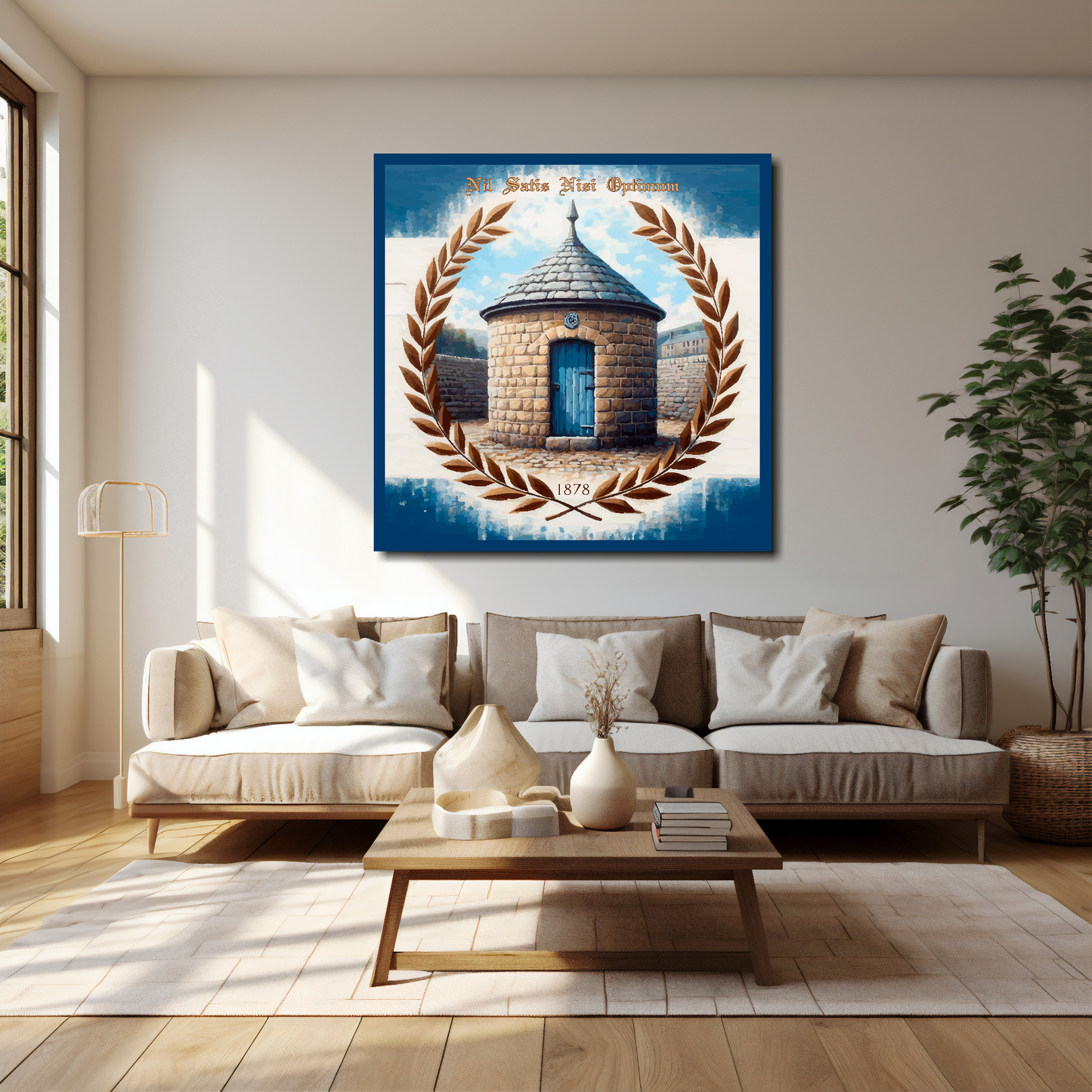 Everton inspired canvas 40x40 inches above cream sofa - XL vibrant UK football wall art