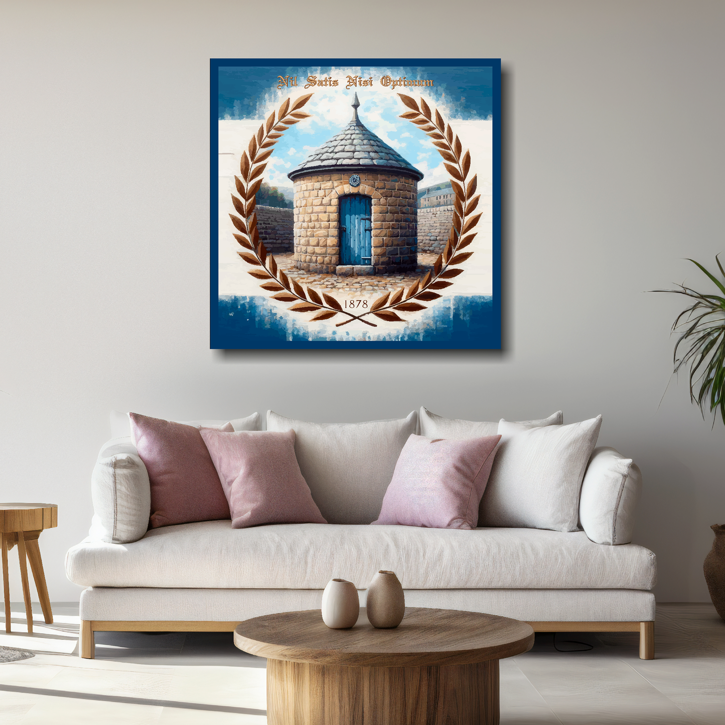 Large Everton inspired canvas above white sofa - vibrant abstract UK football wall art