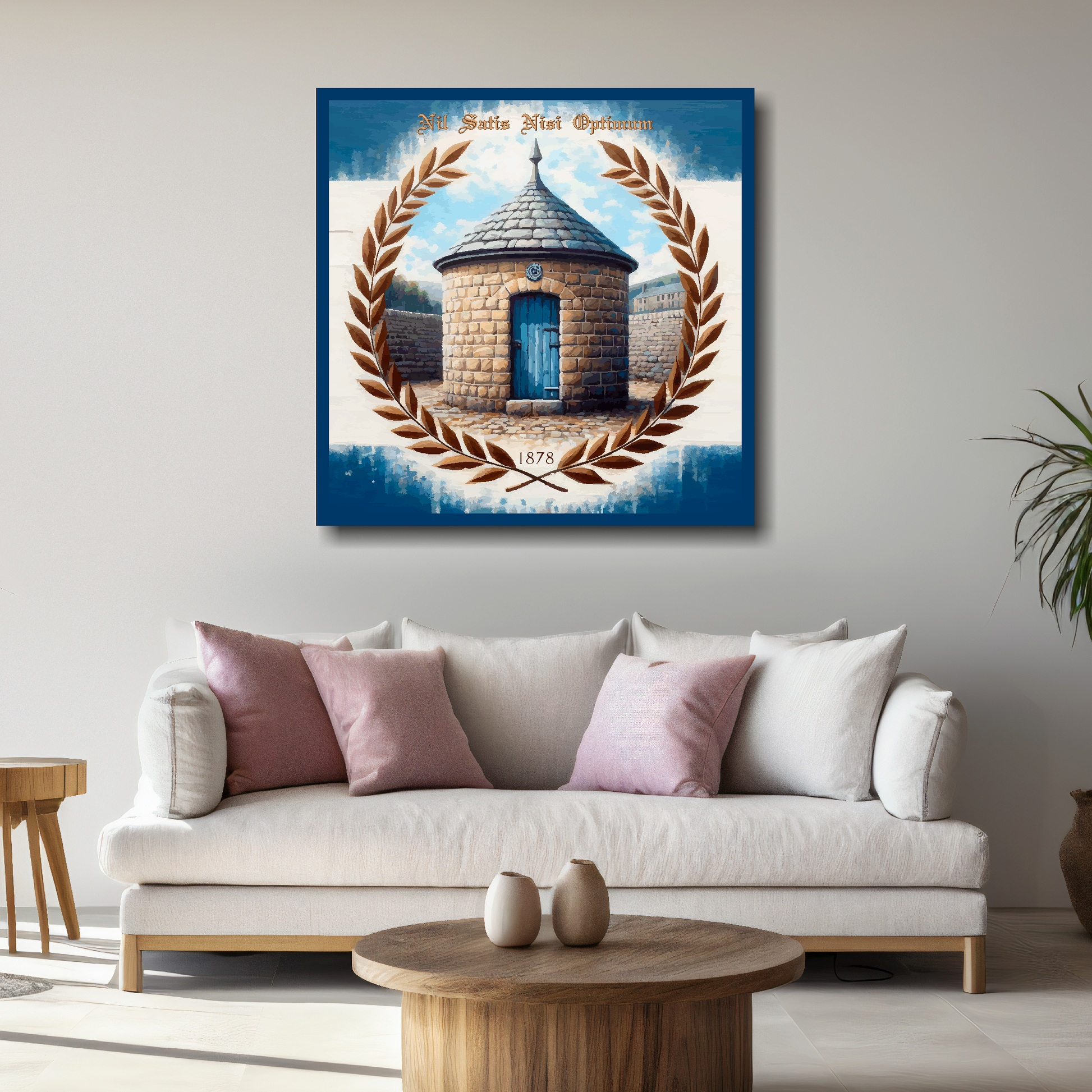Large Everton inspired canvas above white sofa - vibrant abstract UK football wall art