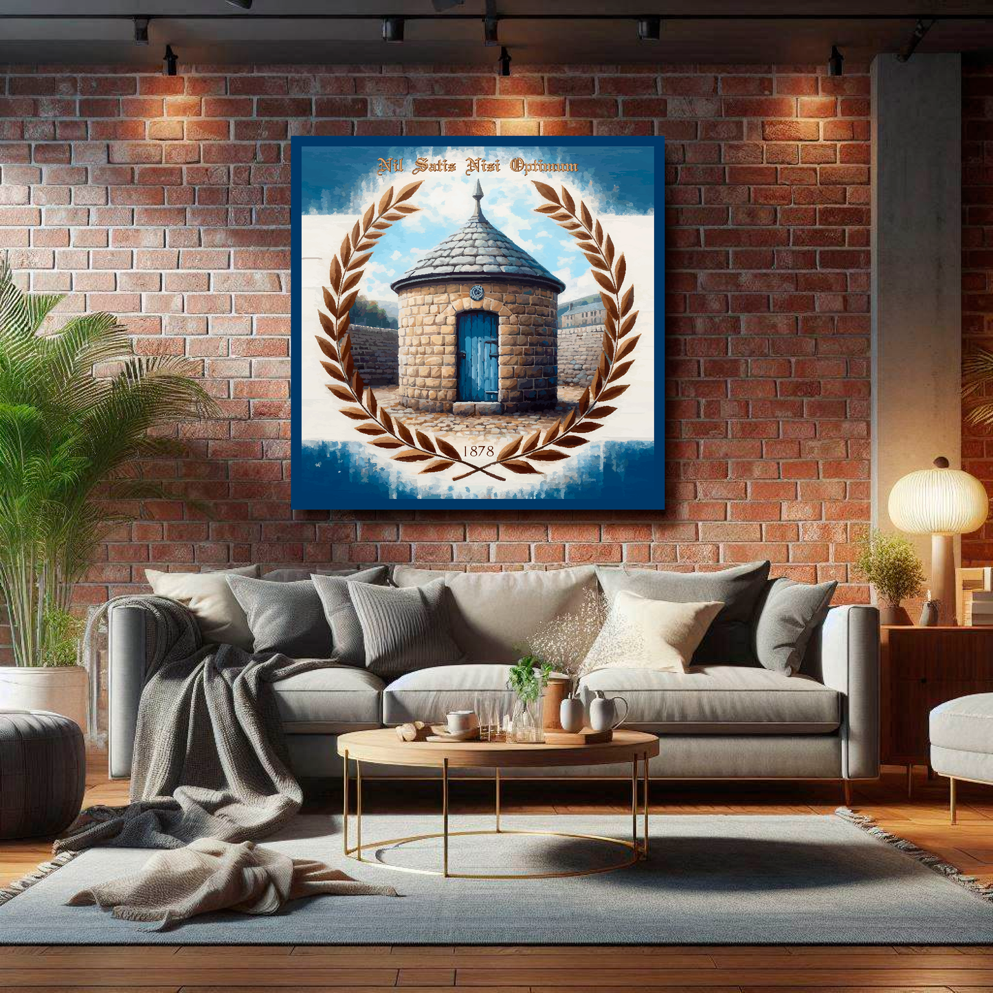 Large Everton inspired canvas on brick wall above grey sofa - bold UK football art living room