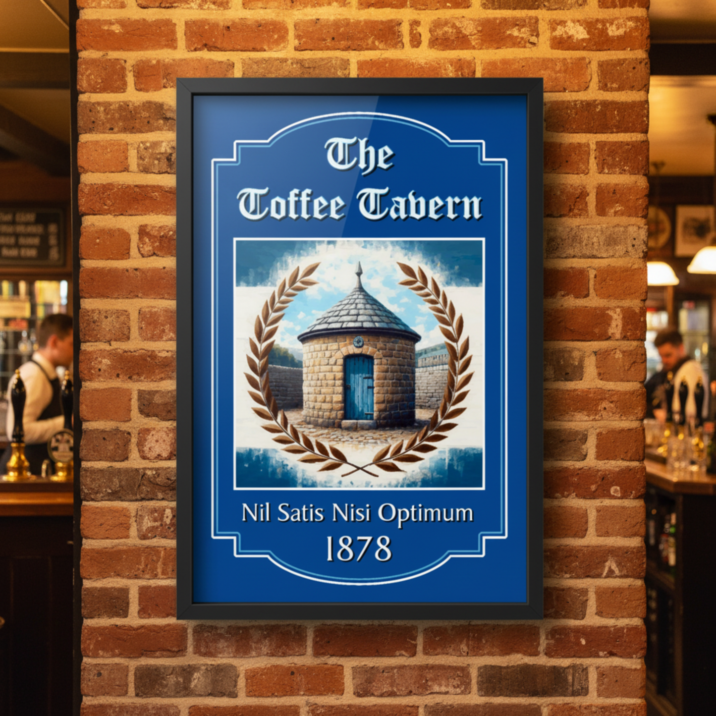 Everton FC framed artwork of 'The Toffee Tavern' on a brick wall in a bar setting.