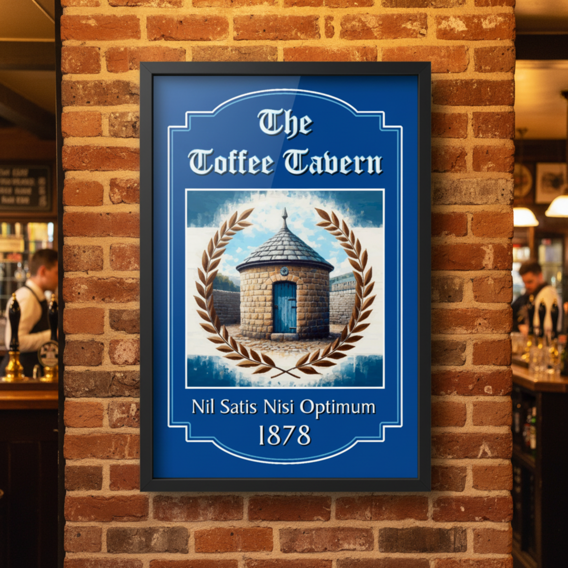 Everton FC framed artwork of 'The Toffee Tavern' on a brick wall in a bar setting.