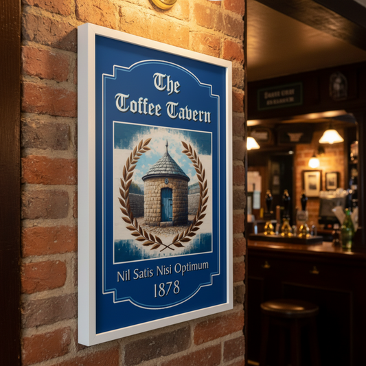 Everton FC framed artwork of 'The Toffee Tavern' on a brick wall in a bar setting.