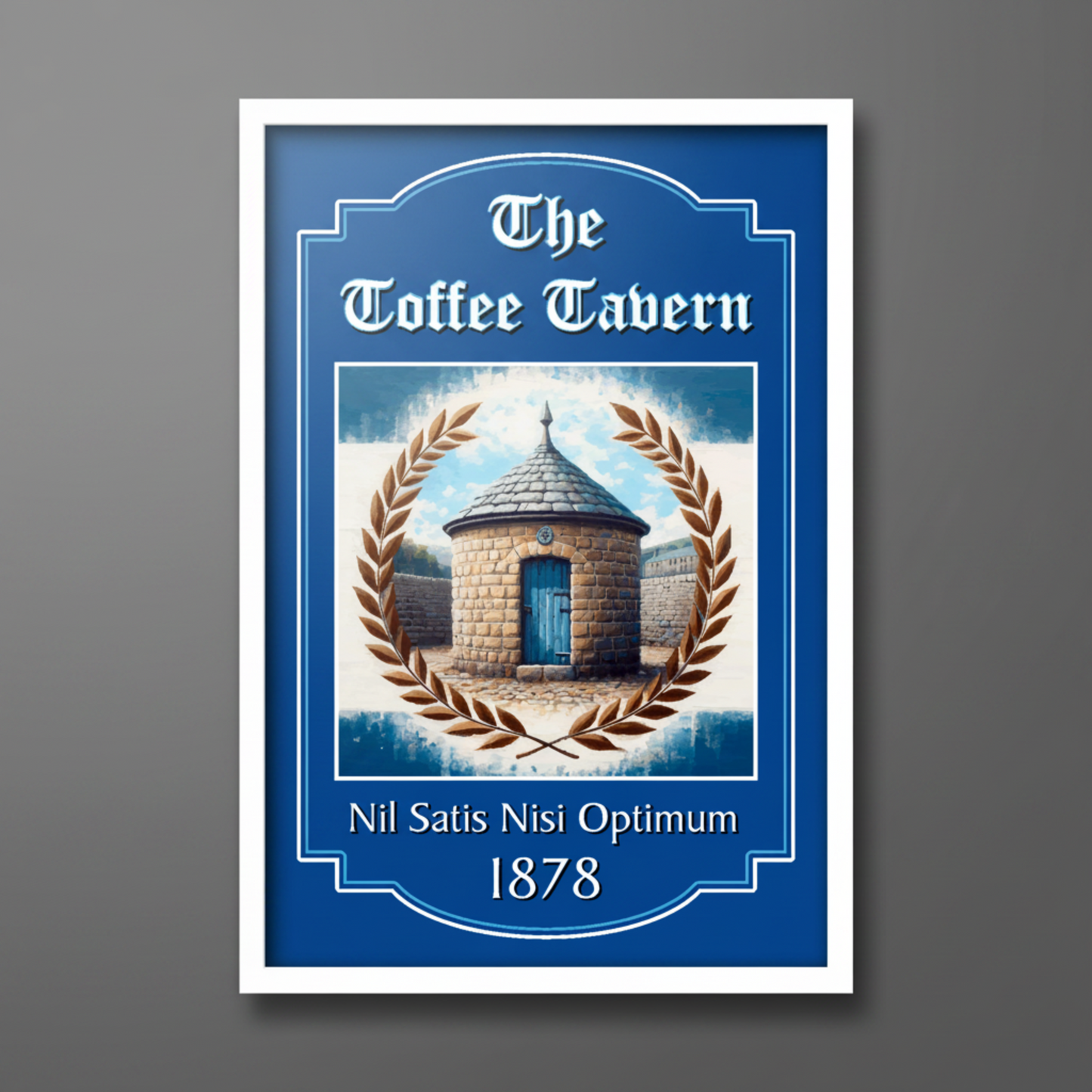 Everton FC framed artwork of 'The Toffee Tavern' with St. Ruperts Tower illustration and decorative elements on a blue background.