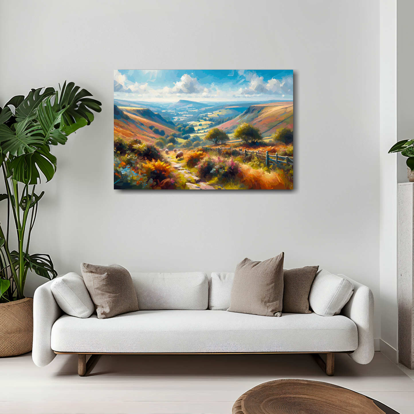 Exmoor canvas 30x20 inches above white sofa - vibrant UK countryside wall art
